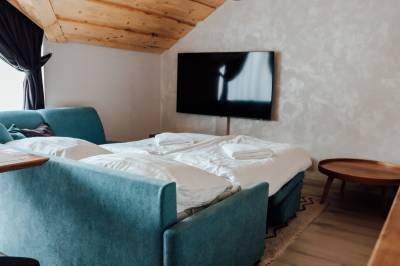 Family + mezonet 28 - obývačka s rozkladacím gaučom a LCD TV, Villa Erdődy Resort, Oravská Lesná