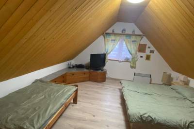 Spálňa s manželskou posteľou, samostatným lôžkom a TV, Drevenica na Považí, Dolná Mariková