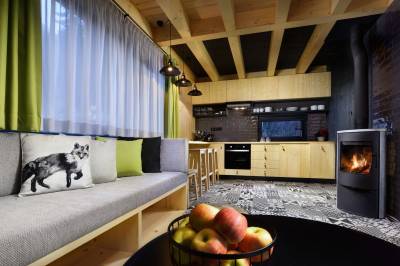 Zelená vydra - plne vybavená kuchyňa prepojená s obývačkou s krbom, Chaty TRI VYDRY, Podbrezová