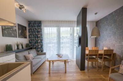 Apartmán na prízemí - obývačka prepojená s kuchyňou s jedálenským sedením, Chalet Ski, Demänovská Dolina