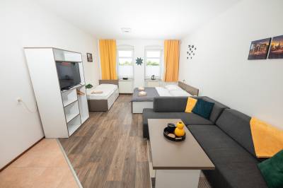 Spálňa prepojená s obývačkou a TV, Apartmán so samostatným vchodom, Family Pension - High Tatras private parking, Stará Lesná