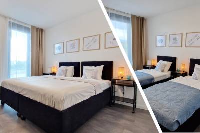 Spálňa s dvomi oddelenými lôžkami alebo s manželskou posteľou, Hillshome | 84m2 moderný byt s terasou aj saunou, Liptovský Mikuláš