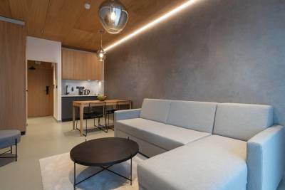 Obývačka prepojená s kuchyňou, Apartmán Pod lanovkou, Vysoké Tatry