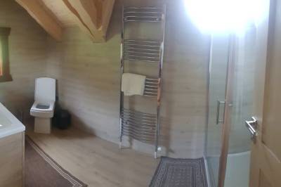 Kúpeľňa so sprchovacím kútom a toaletou, Svrčkova drevenica s private wellness, Nižná