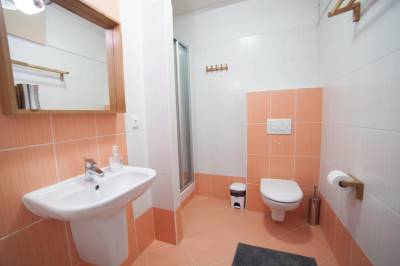 Štúdio Helena 5 - kúpeľňa so sprchovacím kútom a toaletou, Apartmány pri jazere Hrabovo, Ružomberok