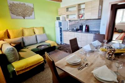 Obývačka s gaučom a kuchyňa s jedálenským sedením, Apartmán Erika Bešeňová č. 145, Bešeňová