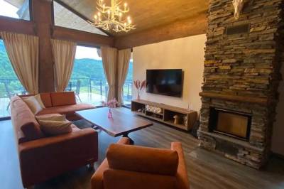 Obývačka s gaučom, krbom a LCD TV, Mountain Chalets - Chalety v korunách stromov, Valča