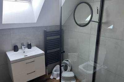 Kúpeľňa so sprchovacím kútom a toaletou, Kanadský zrub s privátnym wellness, Nižná