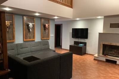 Obývačka s gaučom, krbom a LCD TV, MONTANA RESIDENCE - Relax Komplex - Rajec, Kľače