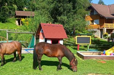 Exteriér ubytovania s farmou a detským ihriskom v obci Jezersko, Chata Smrek a zvieracia mini farma, Jezersko