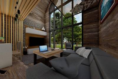 Chata v korunách stromov - obývačka s gaučom a LCD TV, Rezort Bobrí potôčik, Bobrovník