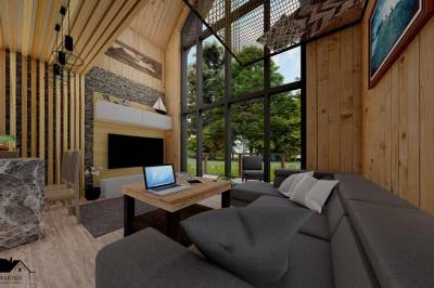 Chata v korunách stromov Deluxe - obývačka s gaučom a LCD TV, Rezort Bobrí potôčik, Bobrovník
