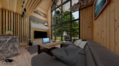 Chata v korunách stromov Deluxe - obývačka s gaučom a LCD TV, Rezort Bobrí potôčik, Bobrovník