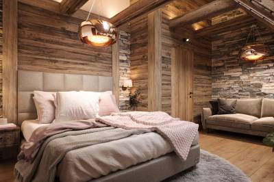 Chalet Mountain Rock (Chata) - spálňa s manželskou posteľou a pohovkou, Chalets Kvačianska dolina, Huty