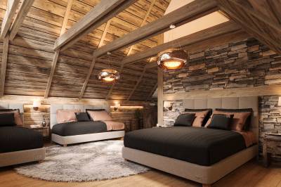 Chalet Mountain Rock (Chata) - spálňa s manželskou posteľou a 1-lôžkovými posteľami, Chalets Kvačianska dolina, Huty