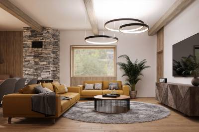 Chalet Oasis – White Pearl apartment (Apartmán s 2 spálňami) - obývačka s gaučom a LCD TV, Chalets Kvačianska dolina, Huty