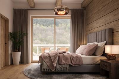 Chalet Oasis – White Pearl apartment (Apartmán s 2 spálňami) - spálňa s manželskou posteľou, Chalets Kvačianska dolina, Huty