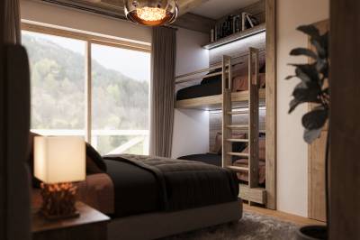Chalet Oasis – White Pearl apartment (Apartmán s 2 spálňami) - spálňa s manželskou a poschodovou posteľou, Chalets Kvačianska dolina, Huty