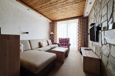 Obývacia izba so sedením a TV, Apartmán TRAVEL - Hotel Kukučka, Vysoké Tatry