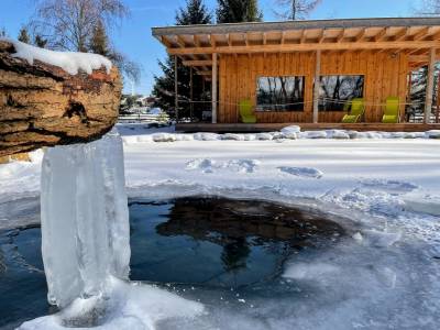 Fínska sauna s jazierkom v zime, Chaty HolidayRaj s wellnessom pri Bešeňovej, Malatíny