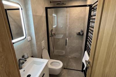 Kúpeľňa s toaletou a sprchovým kútom, AC Brezy Luxury apartment, Stará Lesná