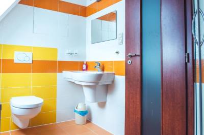 Kúpeľňa so sprchovým kútom a toaletou, AC Mezonetový apartmán Iva, Vysoké Tatry