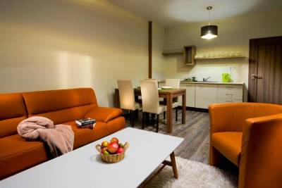 Rodinný apartmán s 2 spálňami a prístelkou - obývacia izba s kuchyňou a terasou, Rezort Čerešnový Sad & Wellness, Mengusovce