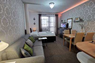 Apartmán s 1 miestnosťou - obývačka, manželská posteľ a jedálenský stôl, Apartmánový dom Fatrapark s privátnym wellness, Ružomberok