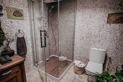 Kúpeľňa so sprchovacím kútom a toaletou, MEDULIENKA TREEHOUSES NOSZVAJ, Noszvaj