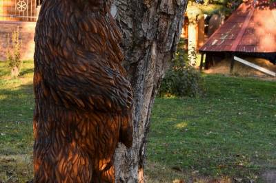 Vyrezávaná socha medveďa v rámci exteriéru, Zrub Živa, Krupina