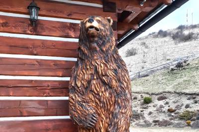 Drevená vyrezávaná socha medvedice stráži vstup, Drevenica MEDVEDICA, Osturňa