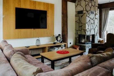 Obývačka s LCD TV a krbom, Mountain Chalets - Chata u Orla, Valča