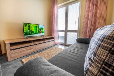 Obývačka s pohovkou, LCD TV a vstupom na terasu, Apartmány Sojka resort, Malatíny