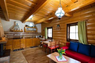 Obývačka s rozkladacím gaučom a plne vybavená kuchyňa, Drevenica u Petra, Terchová