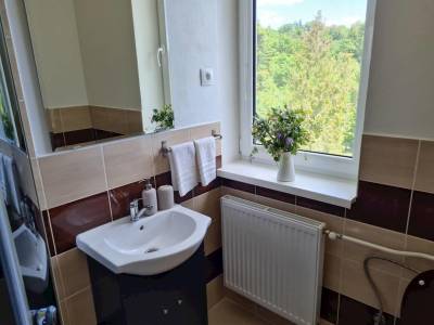 Izba č. 7 - kúpeľňa so sprchovacím kútom a toaletou, Villa Paradajs pri Richňavských jazerách, Štiavnické Bane