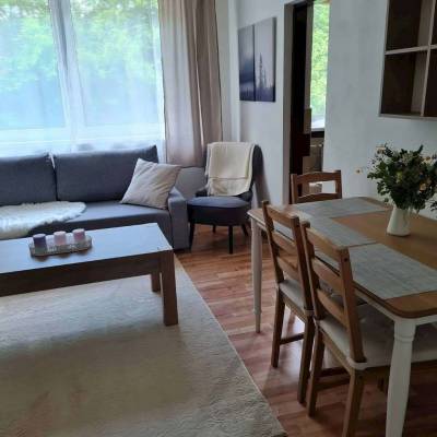 Apartmán č. 5 - obývačka s pohovkou a jedálenským sedením, Villa Paradajs pri Richňavských jazerách, Štiavnické Bane