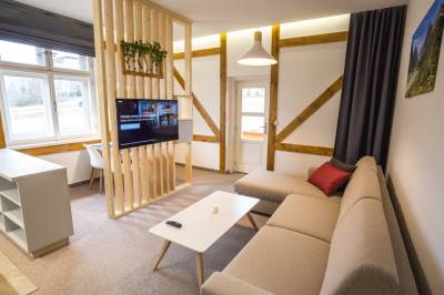 Apartmán 16 - obývačka s rozkladacím gaučom a LCD TV s Netflixom, Vila Kollár, Vysoké Tatry