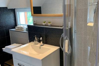 Kúpeľňa so sprchovacím kútom a toaletou, Chalet Mountain View, Nová Lesná