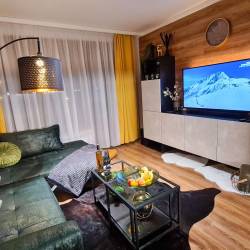 Obývačka s rozkladacím gaučom, LCD TV a elektrickým krbom, Apartmanica St. Ivan Rilski SPA Resort 101-12, Bansko, Bansko