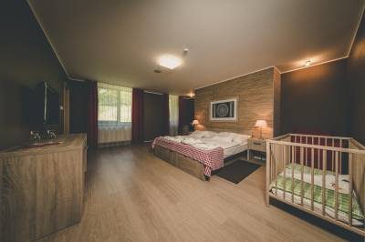 Rodinná izba - spálňa s manželskou posteľou, detskou postieľkou a LCD TV, Hotel Salamandra, Hodruša - Hámre