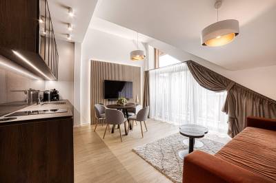 Obývačka s rozkladacím gaučom a LCD TV prepojená s kuchyňou, Apartment Tiliana, Vysoké Tatry