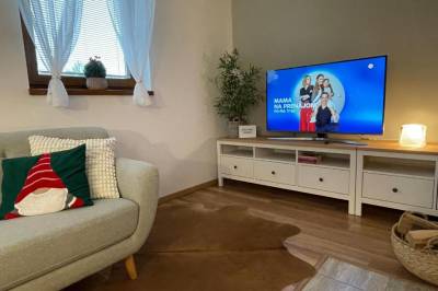 Chalet Jayata - obývačka s gaučom a LCD TV, Chalet Jayata, Stará Lesná