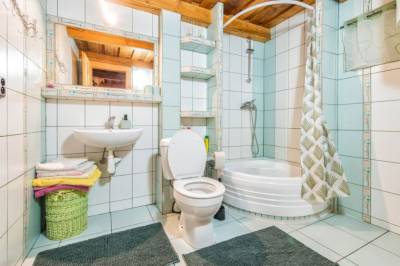 Kúpeľňa so sprchovacím kútom a toaletou, Chatka Telep, Detvianska Huta