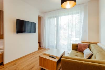 Apartmán Babky - obývačka s gaučom a LCD TV, BudinSKI Apartmány &amp; Wellness, Pavčina Lehota