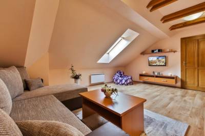 Obývačka s gaučom a LCD TV, Podkrovný apartmán, Pinus apartments***, Horná Lehota