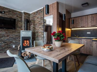 Moderná kuchyňa s jedálenským sedením a kachľami, Tatrahouse sk Apartment Family, Gerlachov
