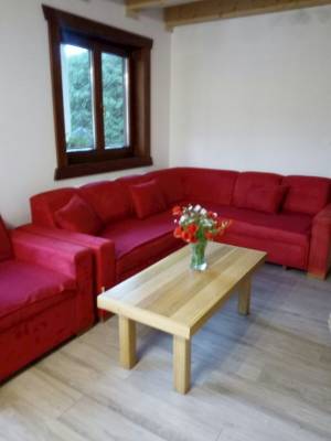 Obývačka s gaučom, Svrčkova drevenica s private wellness, Nižná