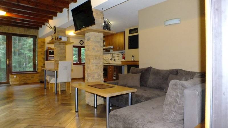 Obývačka s gaučom a LCD TV prepojená s kuchyňou, Chata MROŽ, Demänovská Dolina
