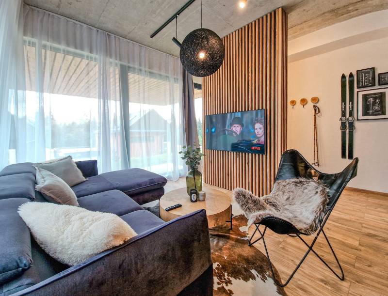 Obývačka s gaučom a LCD TV, Chalet STRÖMY, Liptovský Mikuláš