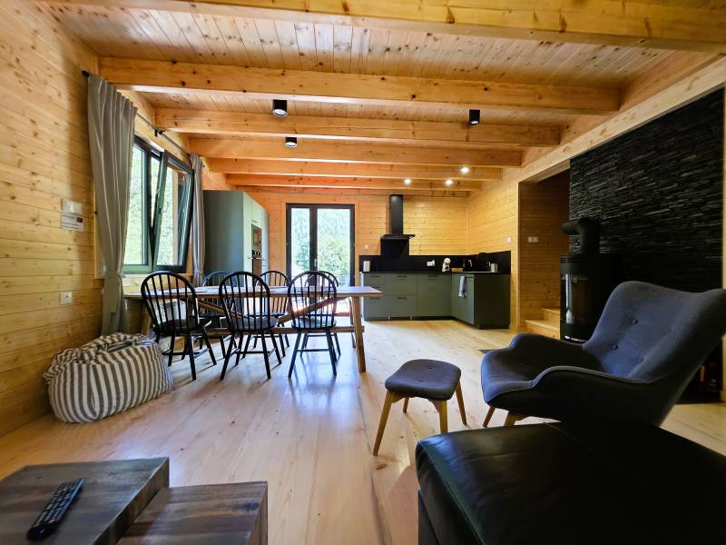 Spoločenský priestor s krbom, kuchyňou a sedením, Chata Travel, Horná Mariková